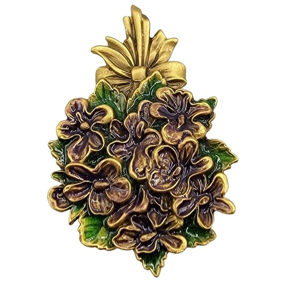 MMA Metropolitan Museum of Art Gold Tone Enamel Flower, Floral Bunch Brooch - Picture 1 of 4